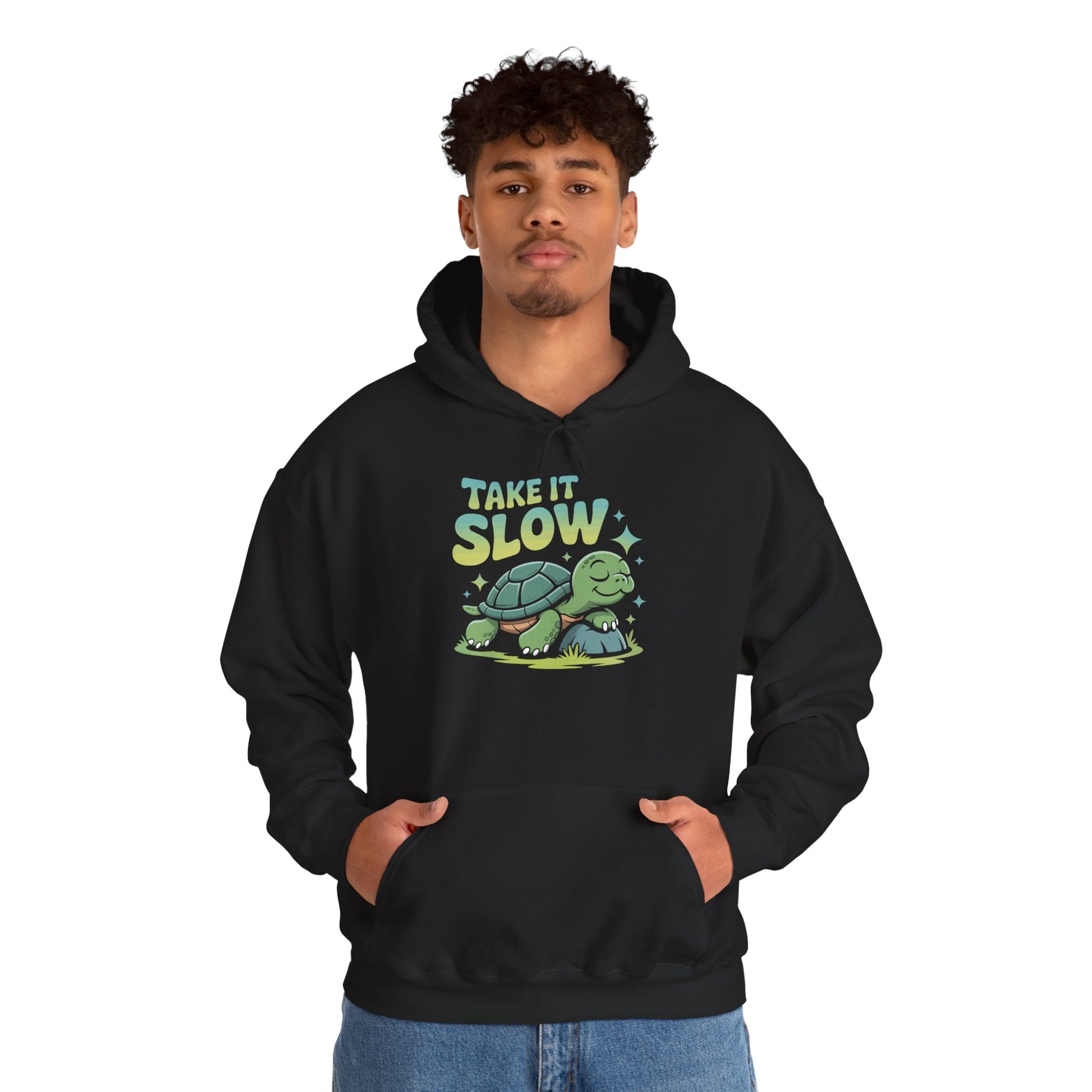 TEEZOCA take it slow message Unisex Heavy Blend Hoodie cute turtle art