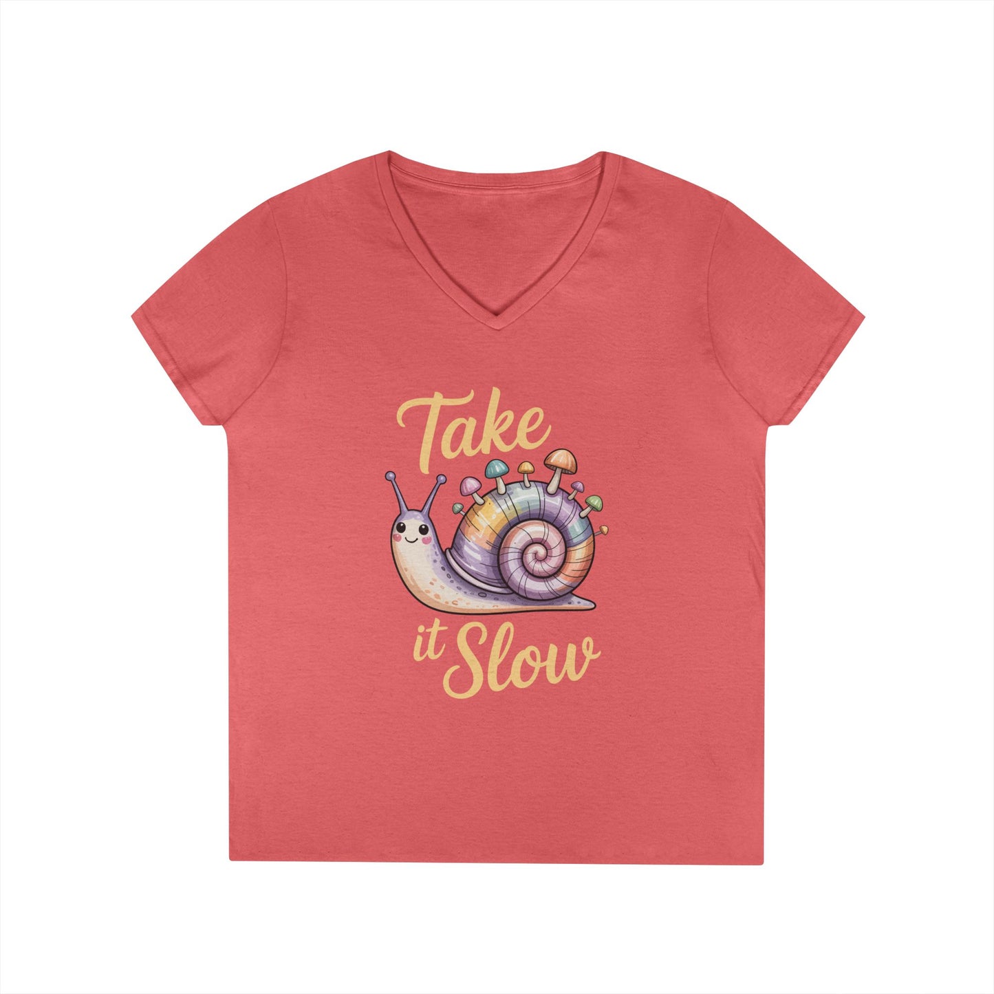 Take It Slow Cute Snail Art V-Neck T-Shirt Relaxed Aesthetic Style | TEEZOCA 