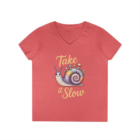 Take It Slow Cute Snail Art V-Neck T-Shirt Relaxed Aesthetic Style | TEEZOCA 