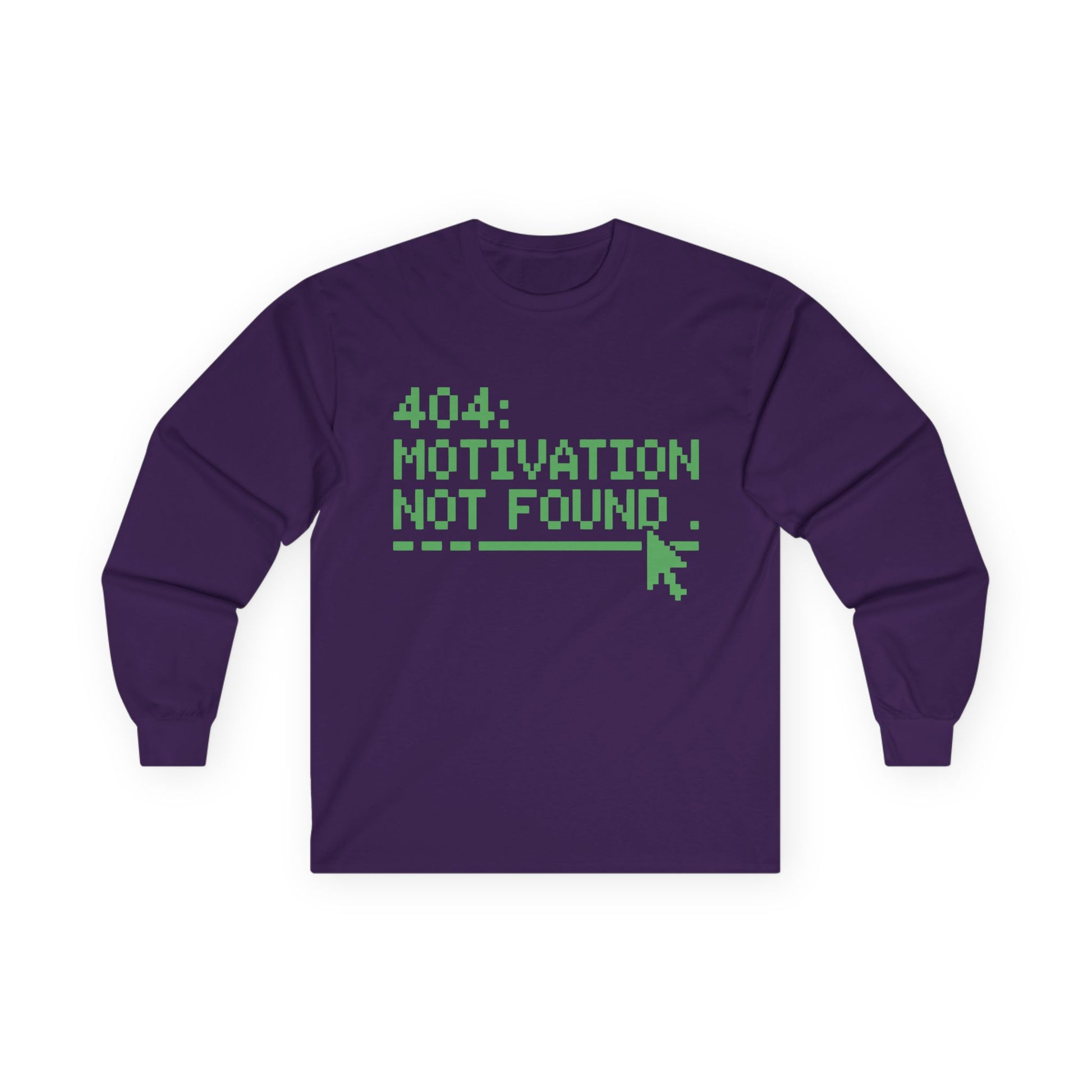TEEZOCA tech joke motivation quote long-sleeve t-shirt Purple long-sleeve shirt with green text '404: Motivation Not Found' on a white background