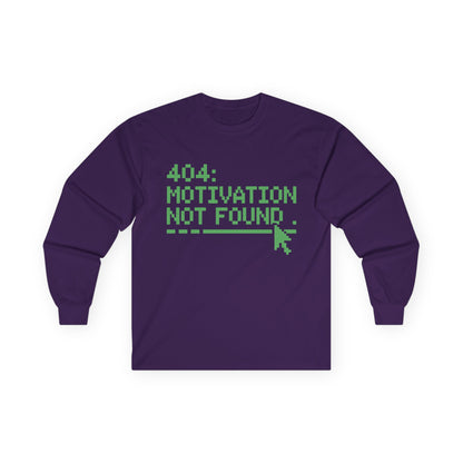 TEEZOCA tech joke motivation quote long-sleeve t-shirt Purple long-sleeve shirt with green text '404: Motivation Not Found' on a white background