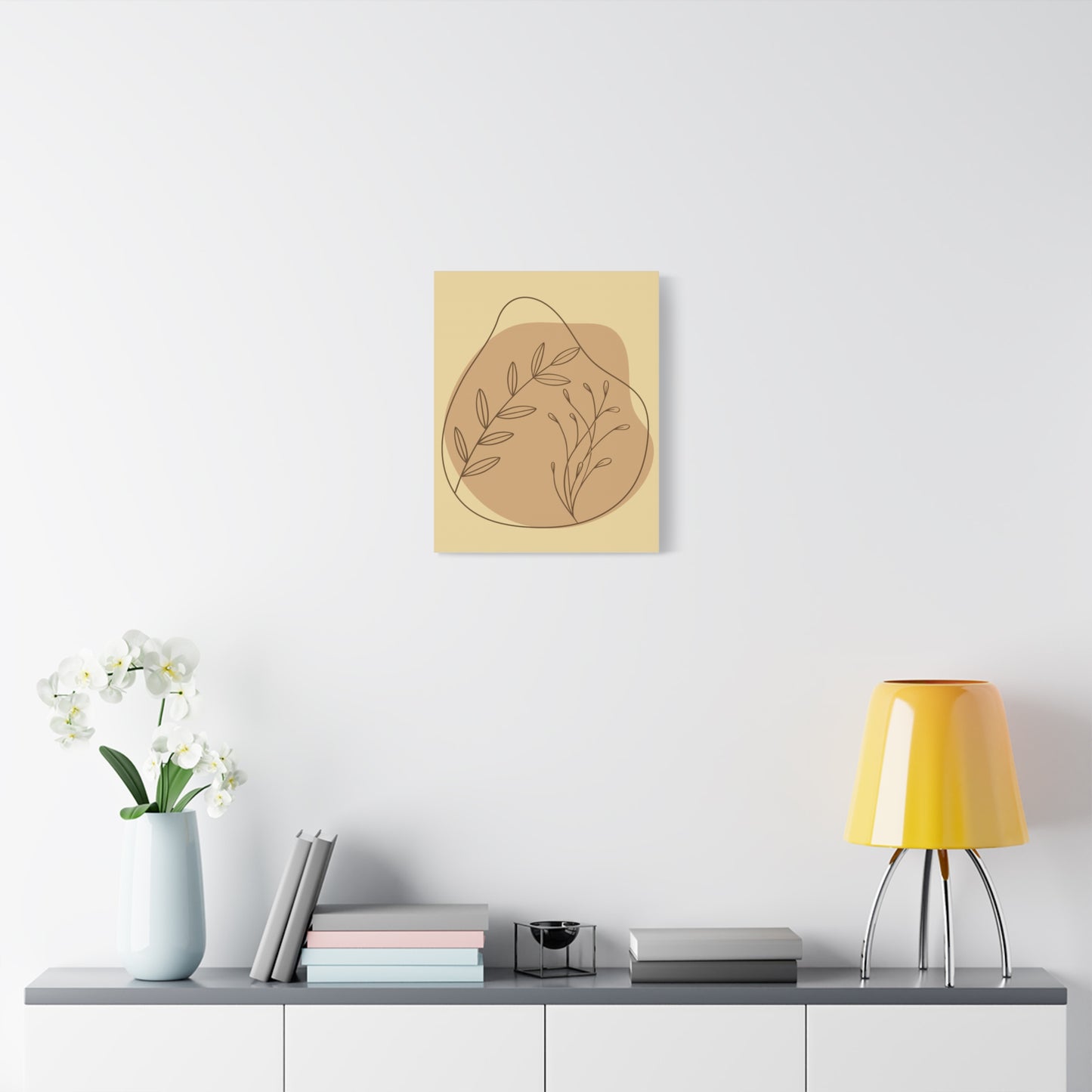 TEEZOCA terracotta-toned abstract stems wall art displayed in a minimalist bedroom setup.