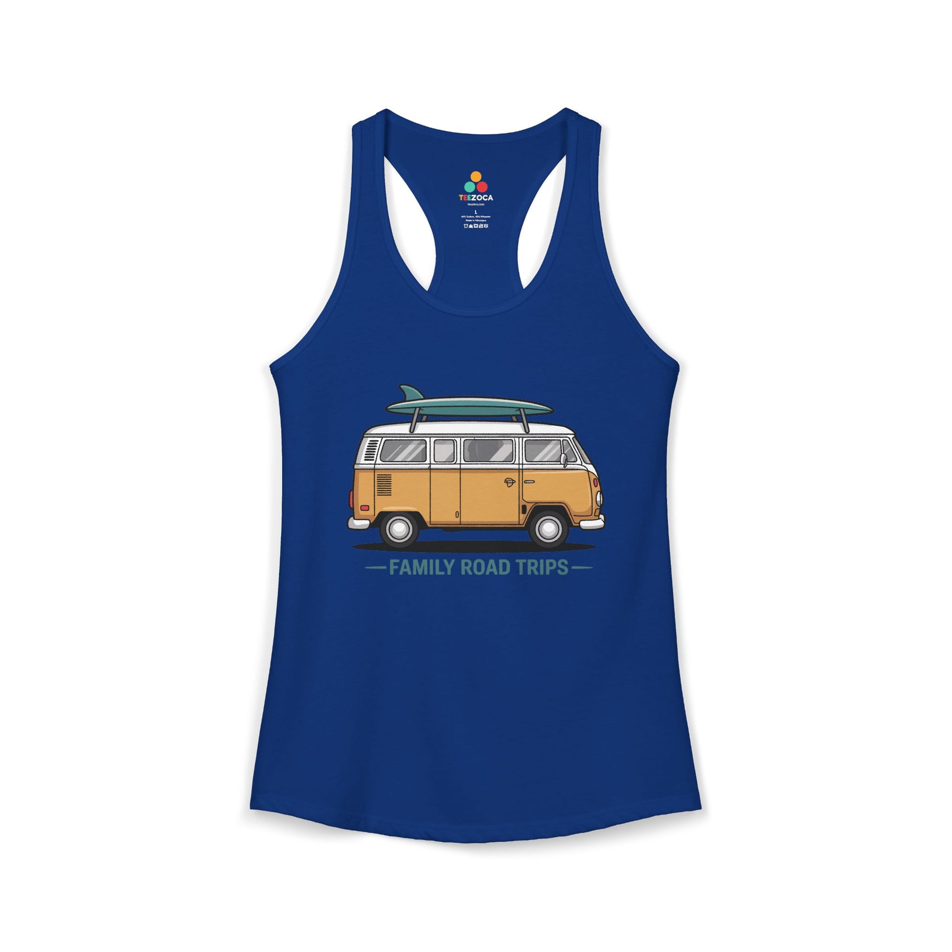 TEEZOCA travel-themed women’s tank top family road trips design Blue tank top with a van graphic and 'Family Road Trips' text on a white background