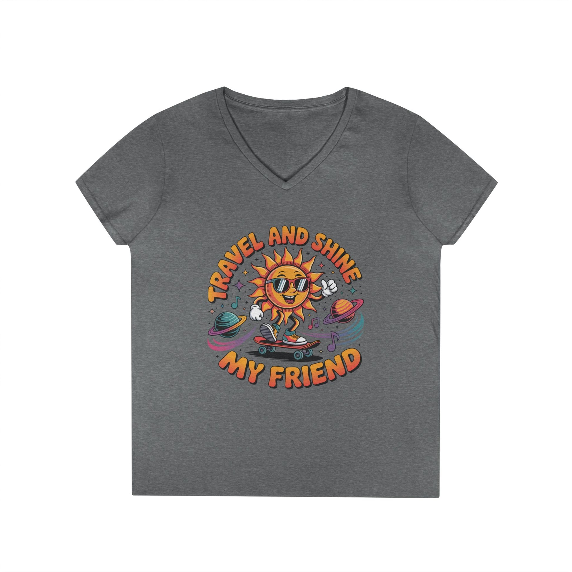Travel and Shine Graphic Women’s V-Neck T-Shirt Retro Sun Design | TEEZOCA 
