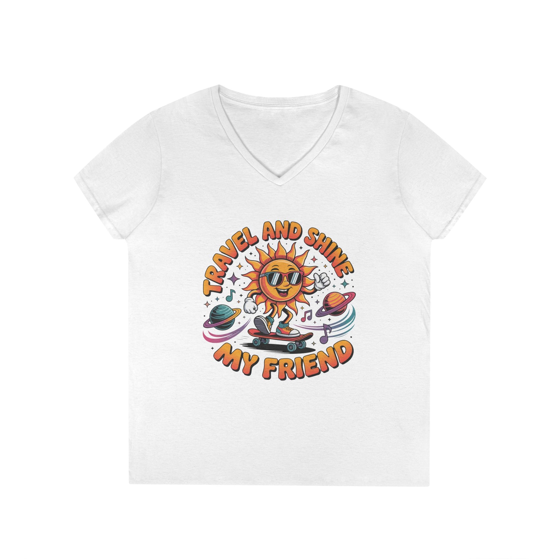 Travel and Shine Graphic Women’s V-Neck T-Shirt Retro Sun Design | TEEZOCA 
