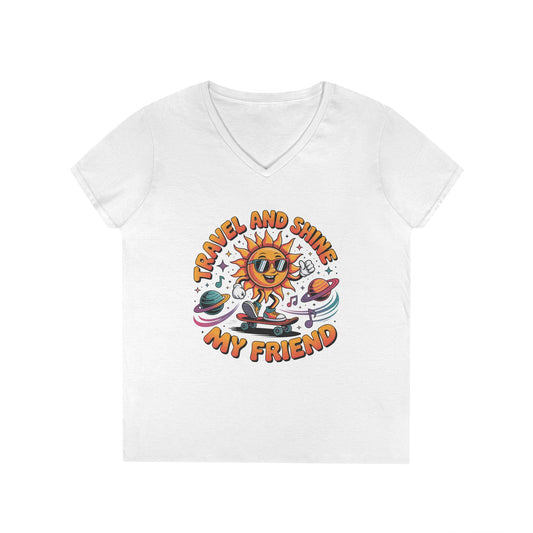 Travel and Shine Graphic Women’s V-Neck T-Shirt Retro Sun Design | TEEZOCA 