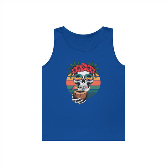 TEEZOCA tropical skull Unisex Tank Top with sunglasses and beach sunset design Tropical Skull Unisex Tank Top – Summer Beach Vibes Graphic Streetwear | TEEZOCA 