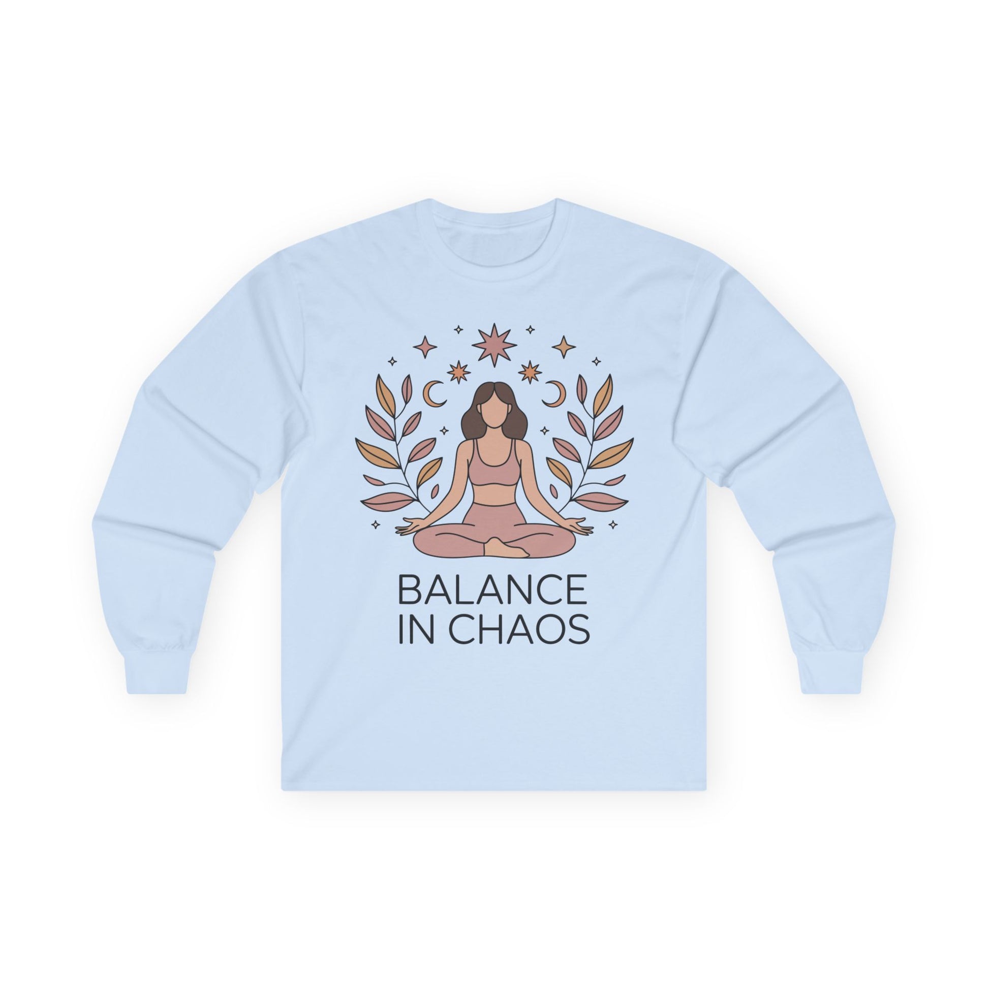 TEEZOCA unisex long-sleeve t-shirt featuring balance in chaos spiritual illustration Light blue sweatshirt with a graphic of a person in a meditative pose and 'Balance in Chaos' text on a white background.