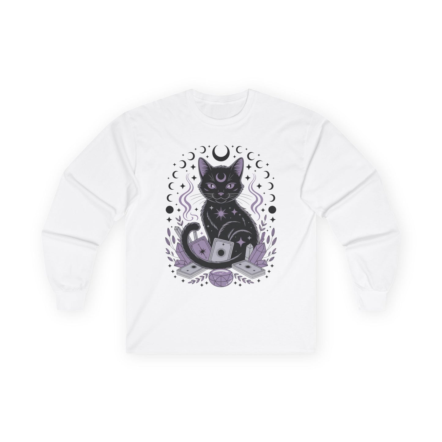 TEEZOCA unisex long-sleeve t-shirt featuring celestial tarot cat design White sweatshirt with a black cat and moon design on a white background