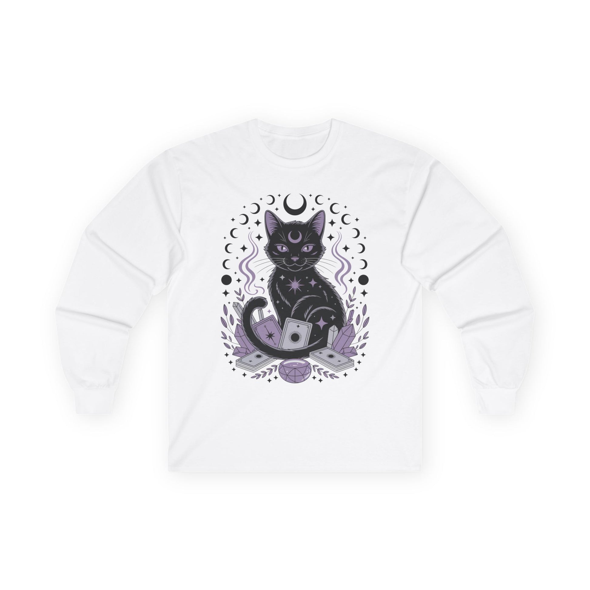 TEEZOCA unisex long-sleeve t-shirt featuring celestial tarot cat design White sweatshirt with a black cat and moon design on a white background