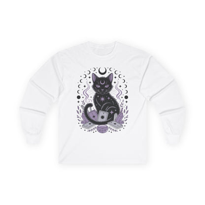 TEEZOCA unisex long-sleeve t-shirt featuring celestial tarot cat design White sweatshirt with a black cat and moon design on a white background