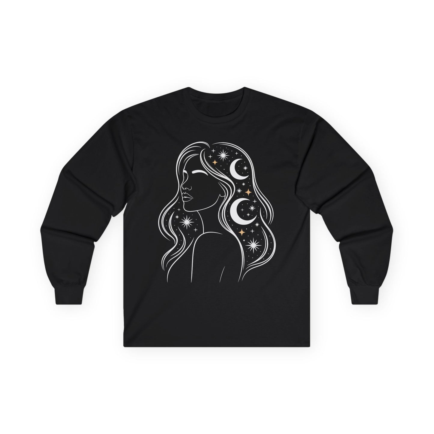 TEEZOCA unisex long-sleeve t-shirt featuring celestial woman cosmic line art Black long-sleeve shirt with a celestial design of a woman's silhouette on a white background