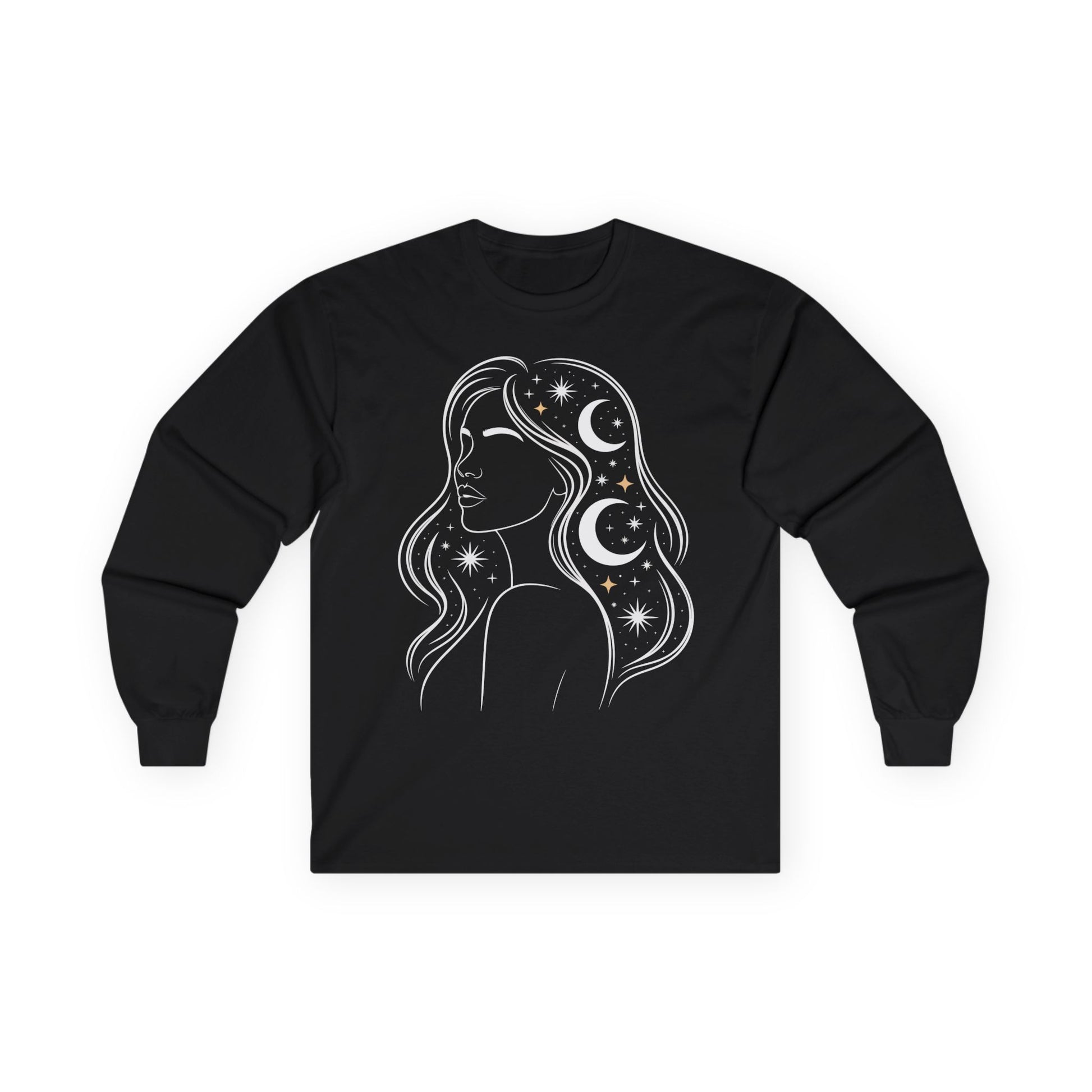 TEEZOCA unisex long-sleeve t-shirt featuring celestial woman cosmic line art Black long-sleeve shirt with a celestial design of a woman's silhouette on a white background