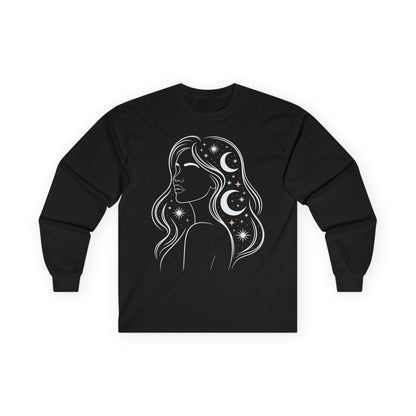 TEEZOCA unisex long-sleeve t-shirt featuring celestial woman cosmic line art Black long-sleeve shirt with a celestial design of a woman's silhouette on a white background