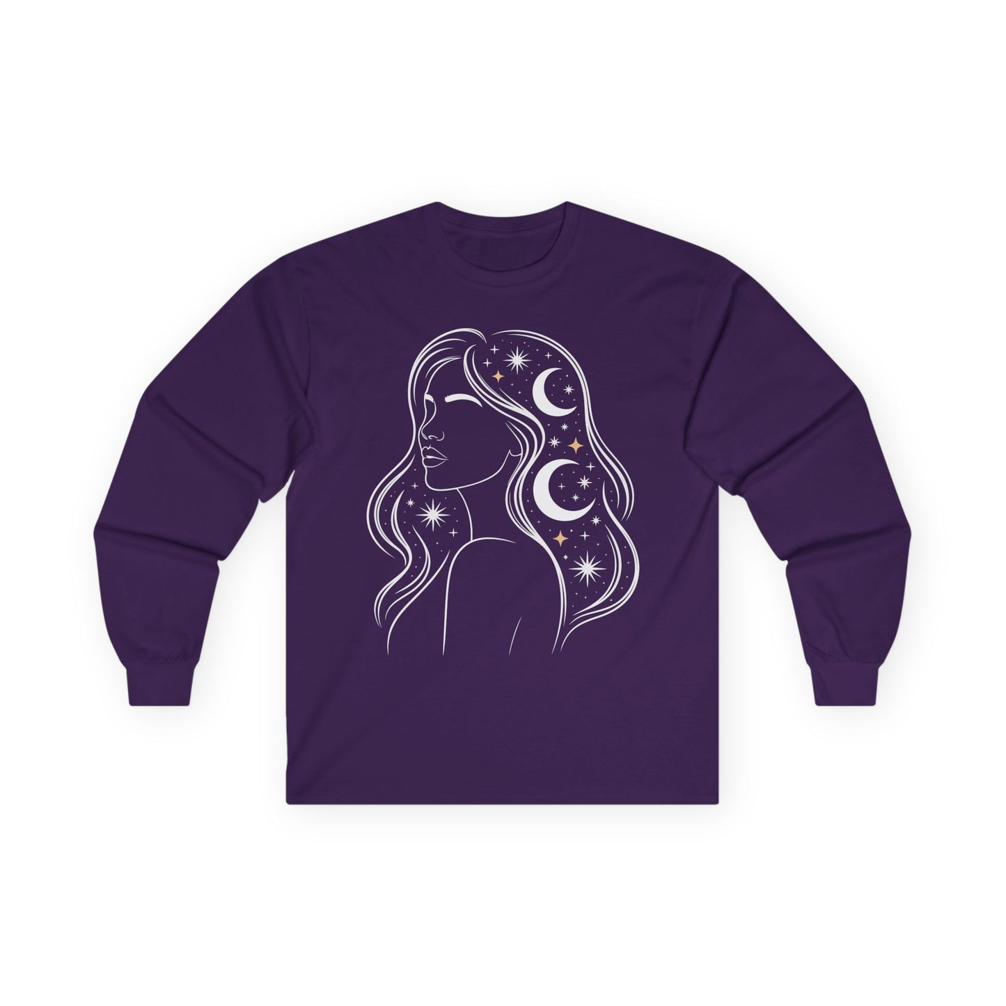 TEEZOCA unisex long-sleeve t-shirt featuring celestial woman cosmic line art Purple long-sleeve shirt with a celestial design on a white background