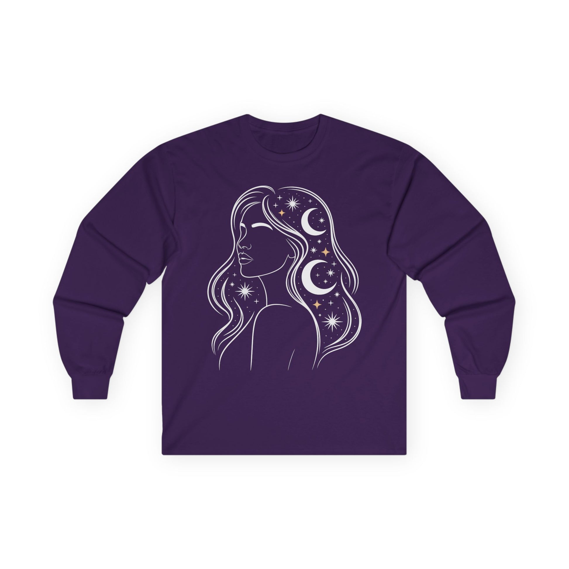 TEEZOCA unisex long-sleeve t-shirt featuring celestial woman cosmic line art Purple long-sleeve shirt with a celestial design on a white background
