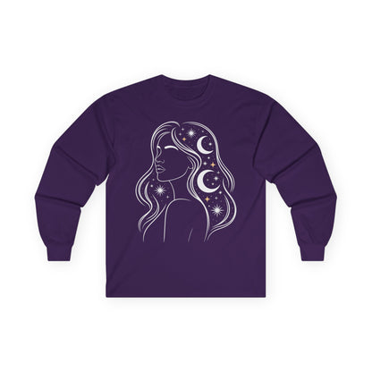 TEEZOCA unisex long-sleeve t-shirt featuring celestial woman cosmic line art Purple long-sleeve shirt with a celestial design on a white background
