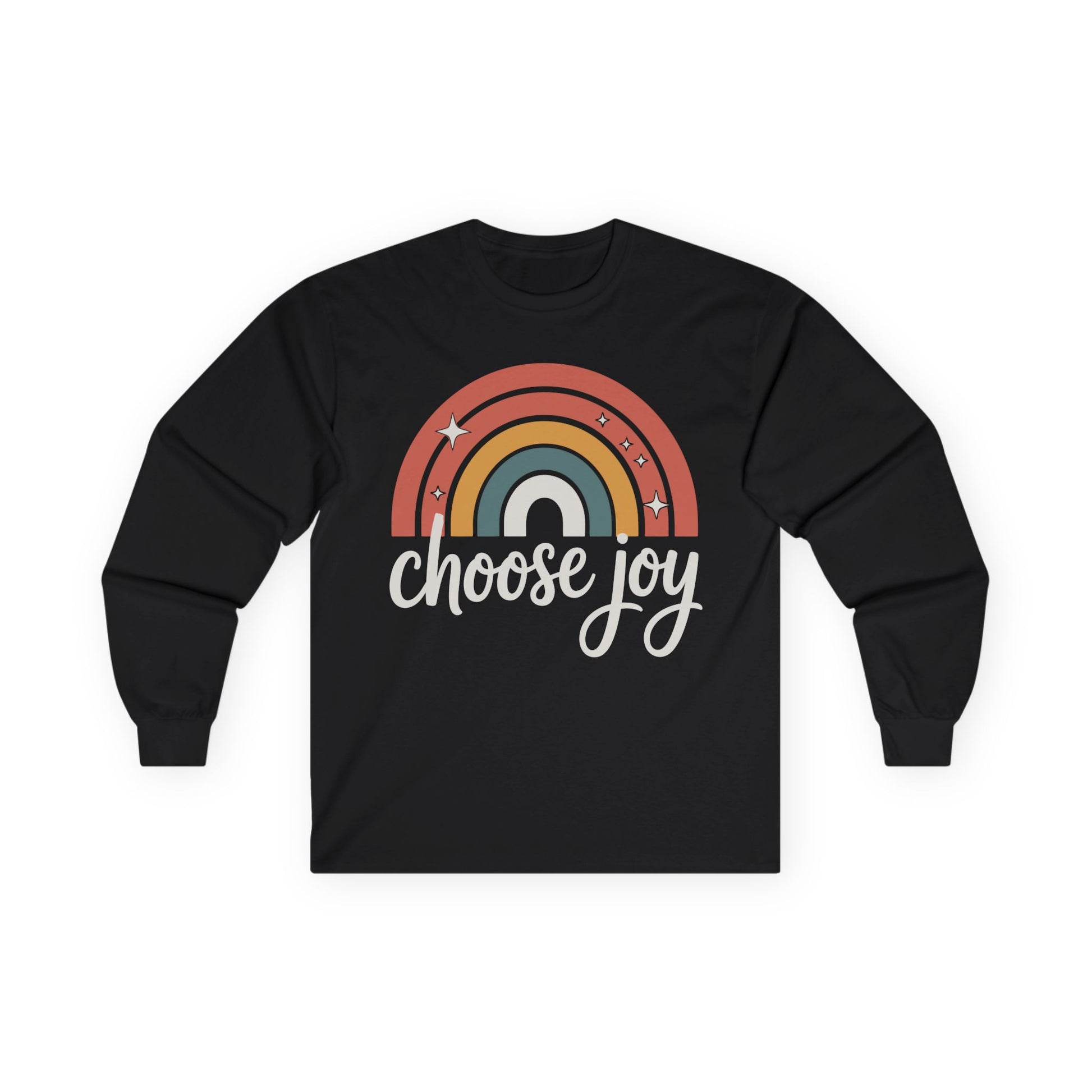 TEEZOCA unisex long-sleeve t-shirt featuring choose joy positive rainbow design Black long-sleeve shirt with rainbow design and 'choose joy' text on a white background