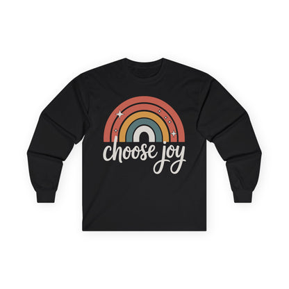 TEEZOCA unisex long-sleeve t-shirt featuring choose joy positive rainbow design Black long-sleeve shirt with rainbow design and 'choose joy' text on a white background