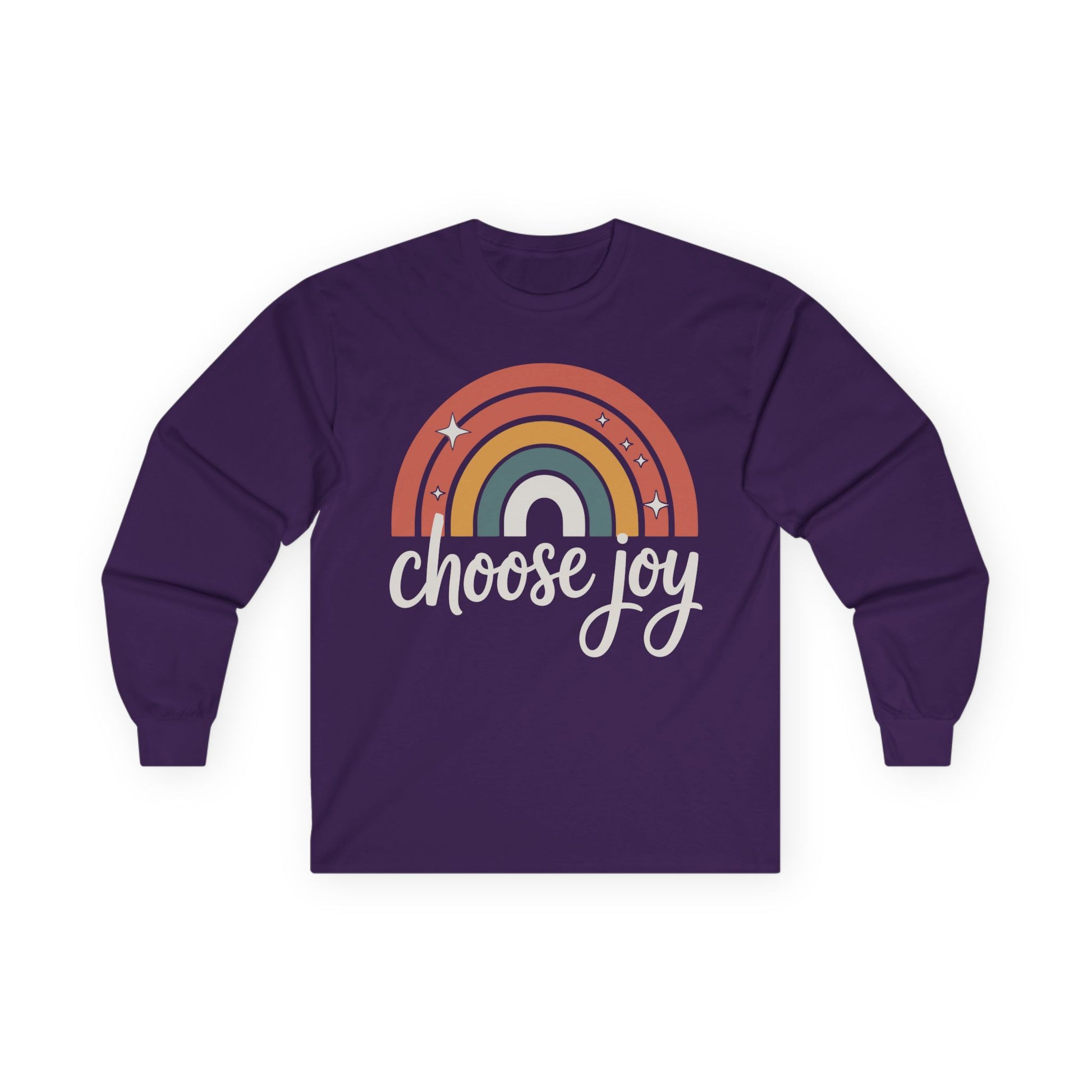 TEEZOCA unisex long-sleeve t-shirt featuring choose joy positive rainbow design Purple long-sleeve shirt with rainbow and 'choose joy' text on a white background