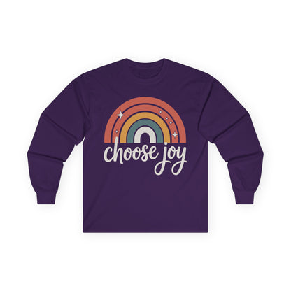 TEEZOCA unisex long-sleeve t-shirt featuring choose joy positive rainbow design Purple long-sleeve shirt with rainbow and 'choose joy' text on a white background