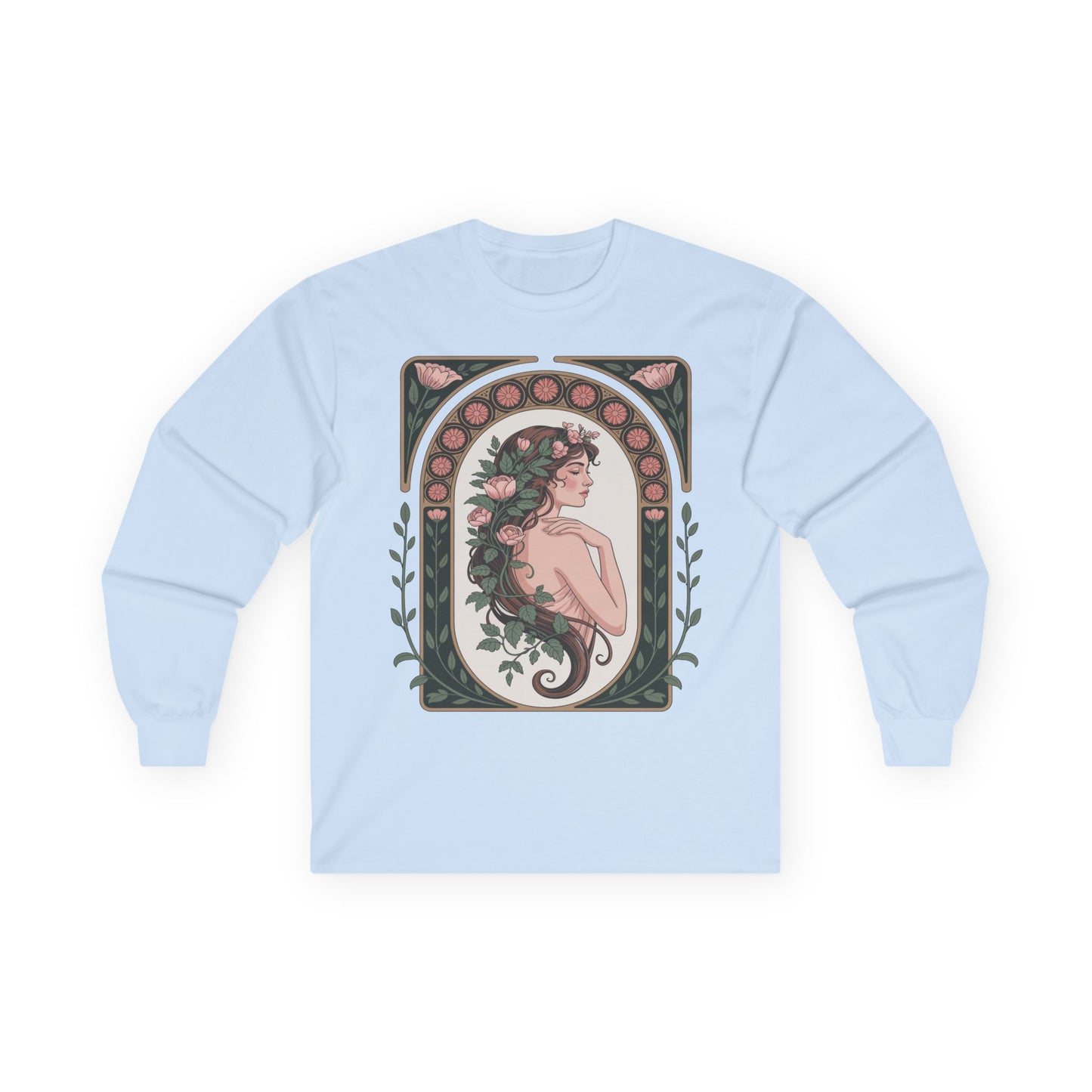 TEEZOCA unisex long-sleeve t-shirt featuring elegant woman with floral design Light blue sweatshirt with a decorative design of a woman with flowers on a white background