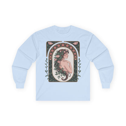 TEEZOCA unisex long-sleeve t-shirt featuring elegant woman with floral design Light blue sweatshirt with a decorative design of a woman with flowers on a white background