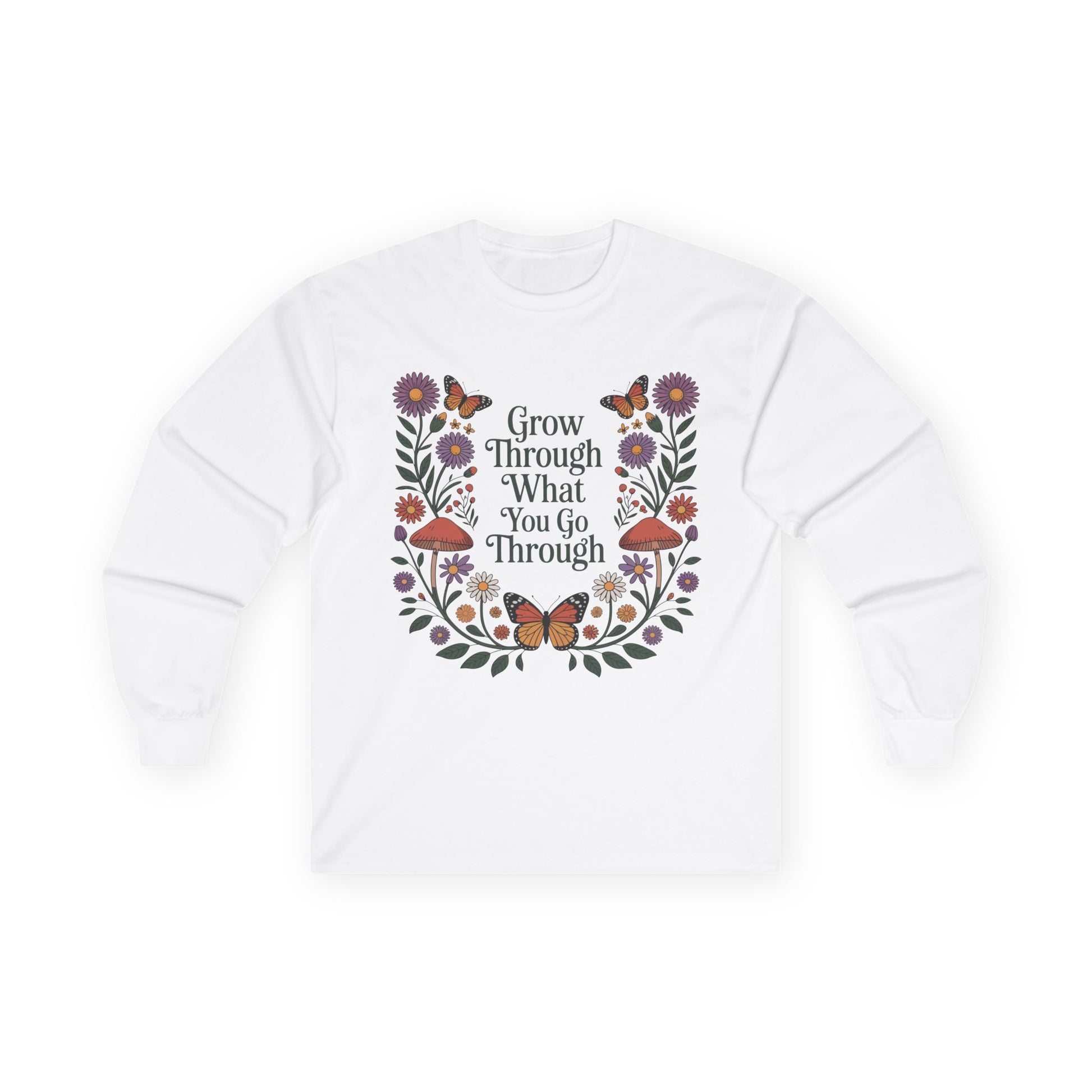 TEEZOCA unisex long-sleeve t-shirt featuring grow through what you go through artwork White sweatshirt with floral design and motivational quote on a white background