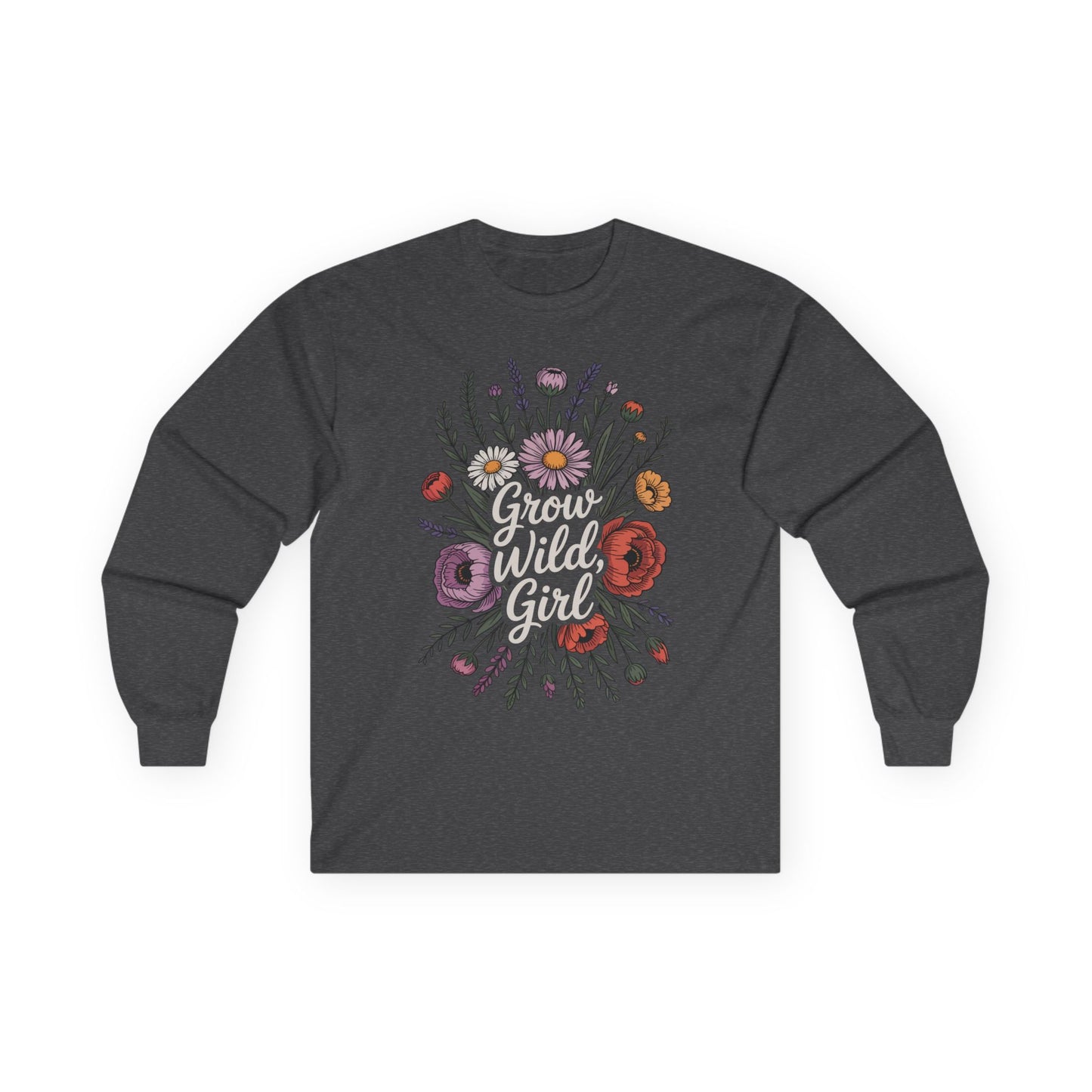 TEEZOCA unisex long-sleeve t-shirt featuring grow wild girl botanical design Dark gray long-sleeve shirt with floral design and 'Grow Wild Girl' text on a white background