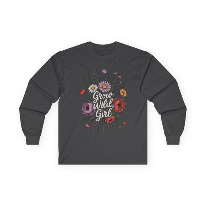 TEEZOCA unisex long-sleeve t-shirt featuring grow wild girl botanical design Dark gray long-sleeve shirt with floral design and 'Grow Wild Girl' text on a white background