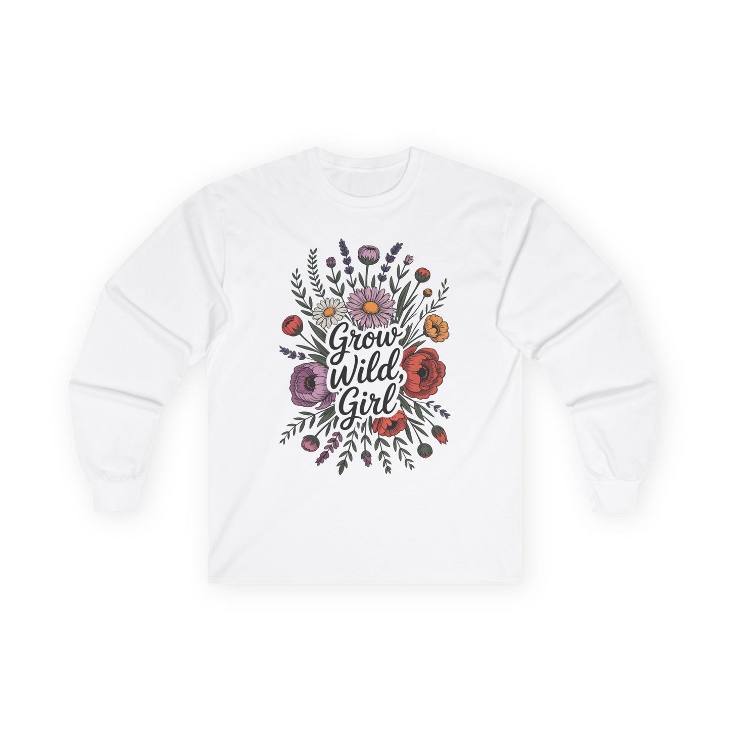 TEEZOCA unisex long-sleeve t-shirt featuring grow wild girl botanical design White sweatshirt with floral design and 'Grow Wild Girl' text on a white background
