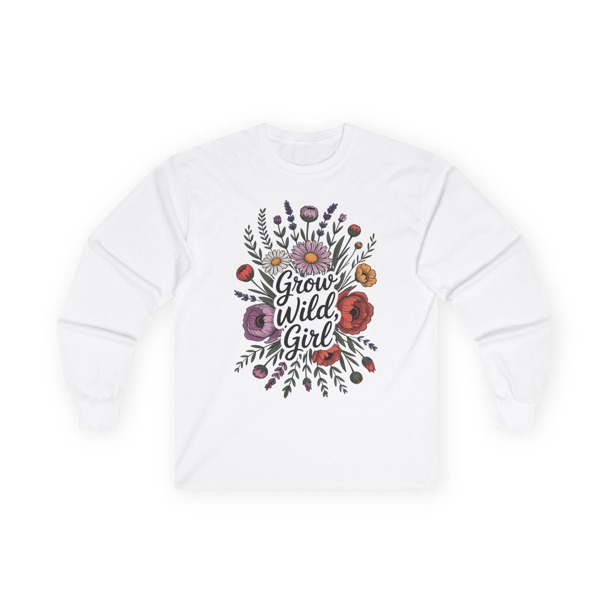 TEEZOCA unisex long-sleeve t-shirt featuring grow wild girl botanical design White sweatshirt with floral design and 'Grow Wild Girl' text on a white background