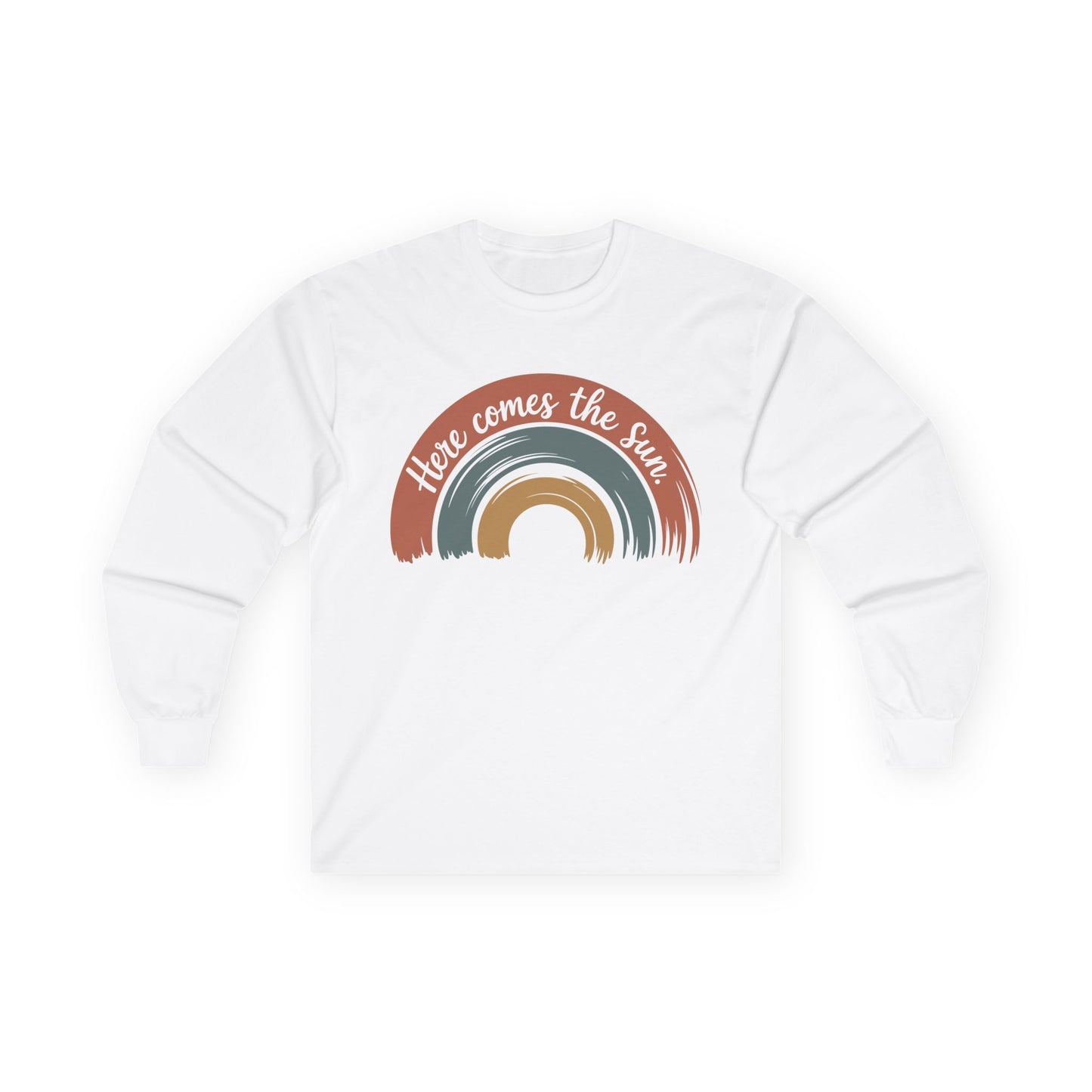 TEEZOCA unisex long-sleeve t-shirt featuring here comes the sun artwork White sweatshirt with rainbow design and 'Here comes the sun' text on a white background