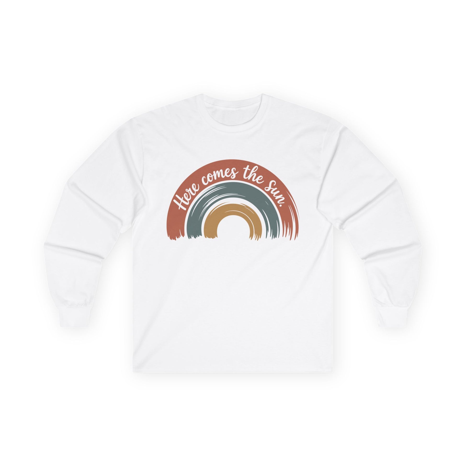 TEEZOCA unisex long-sleeve t-shirt featuring here comes the sun artwork White sweatshirt with rainbow design and 'Here comes the sun' text on a white background