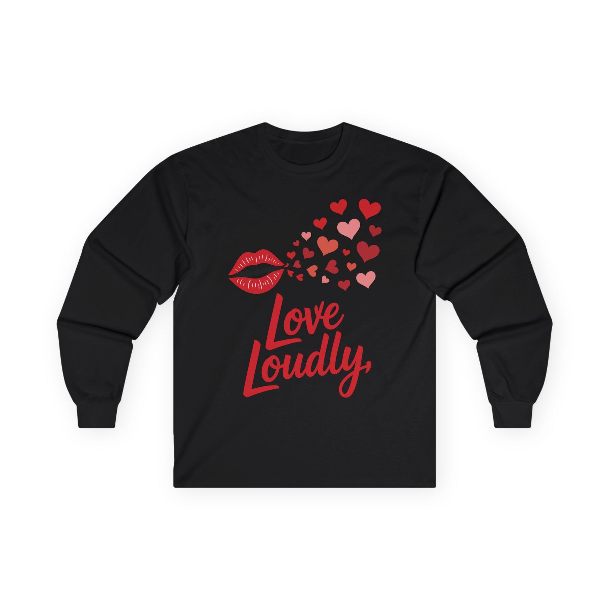 TEEZOCA unisex long-sleeve t-shirt featuring love loudly romantic artwork Black long-sleeve shirt with red lip graphic and 'Love Loudly' text on a white background