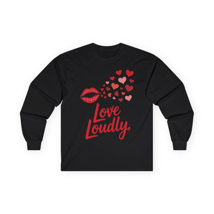 TEEZOCA unisex long-sleeve t-shirt featuring love loudly romantic artwork Black long-sleeve shirt with red lip graphic and 'Love Loudly' text on a white background