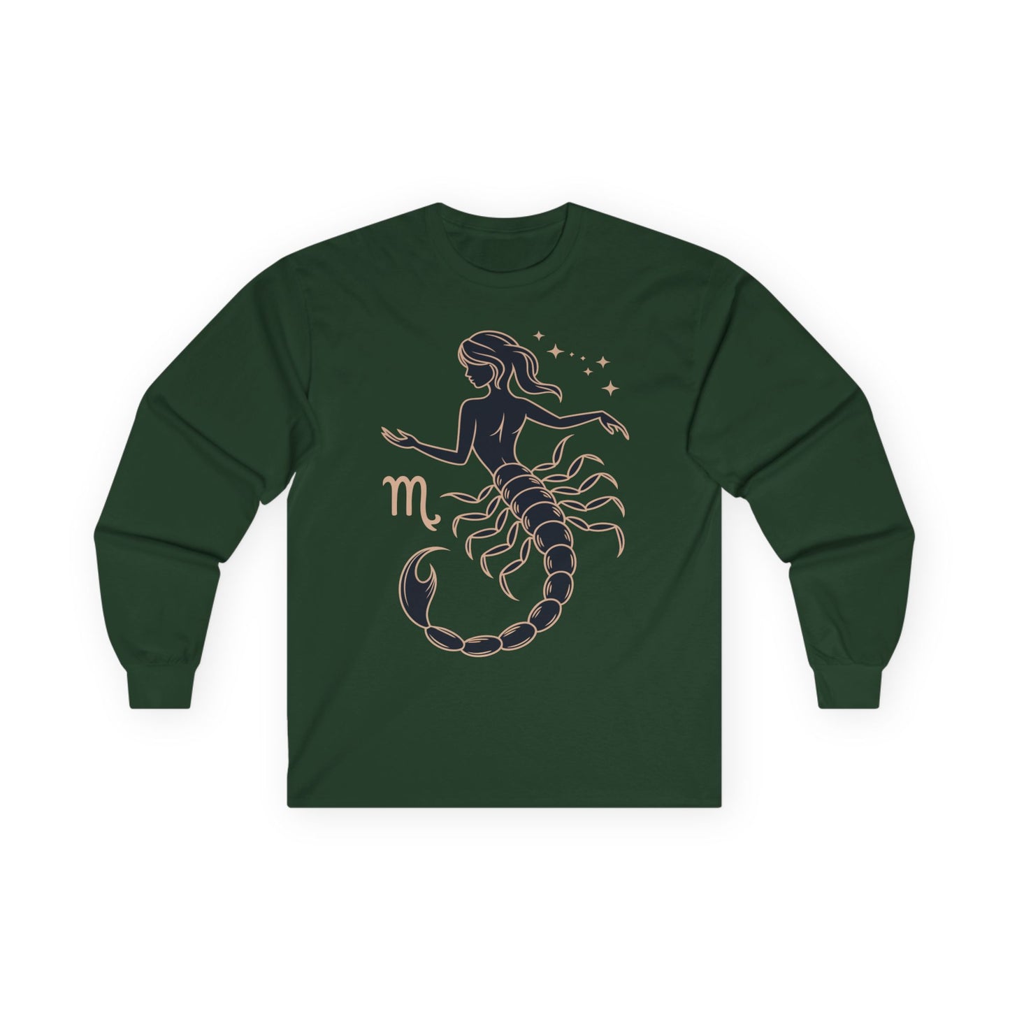 TEEZOCA unisex long-sleeve t-shirt featuring scorpio constellation inspired design Green long-sleeve shirt with Scorpio zodiac design on a white background