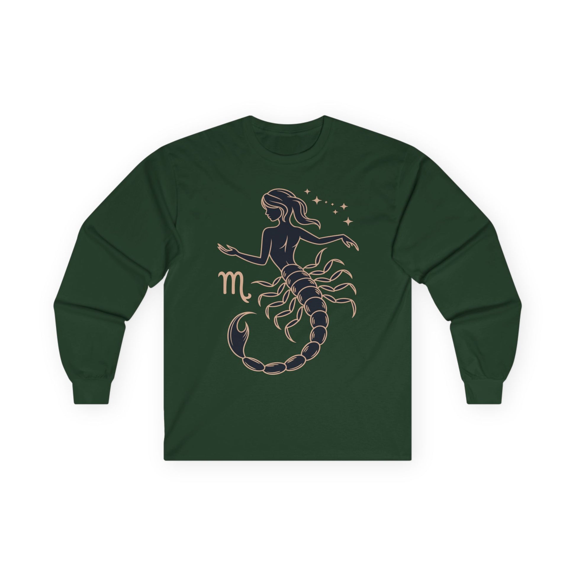 TEEZOCA unisex long-sleeve t-shirt featuring scorpio constellation inspired design Green long-sleeve shirt with Scorpio zodiac design on a white background