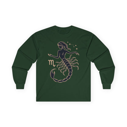 TEEZOCA unisex long-sleeve t-shirt featuring scorpio constellation inspired design Green long-sleeve shirt with Scorpio zodiac design on a white background