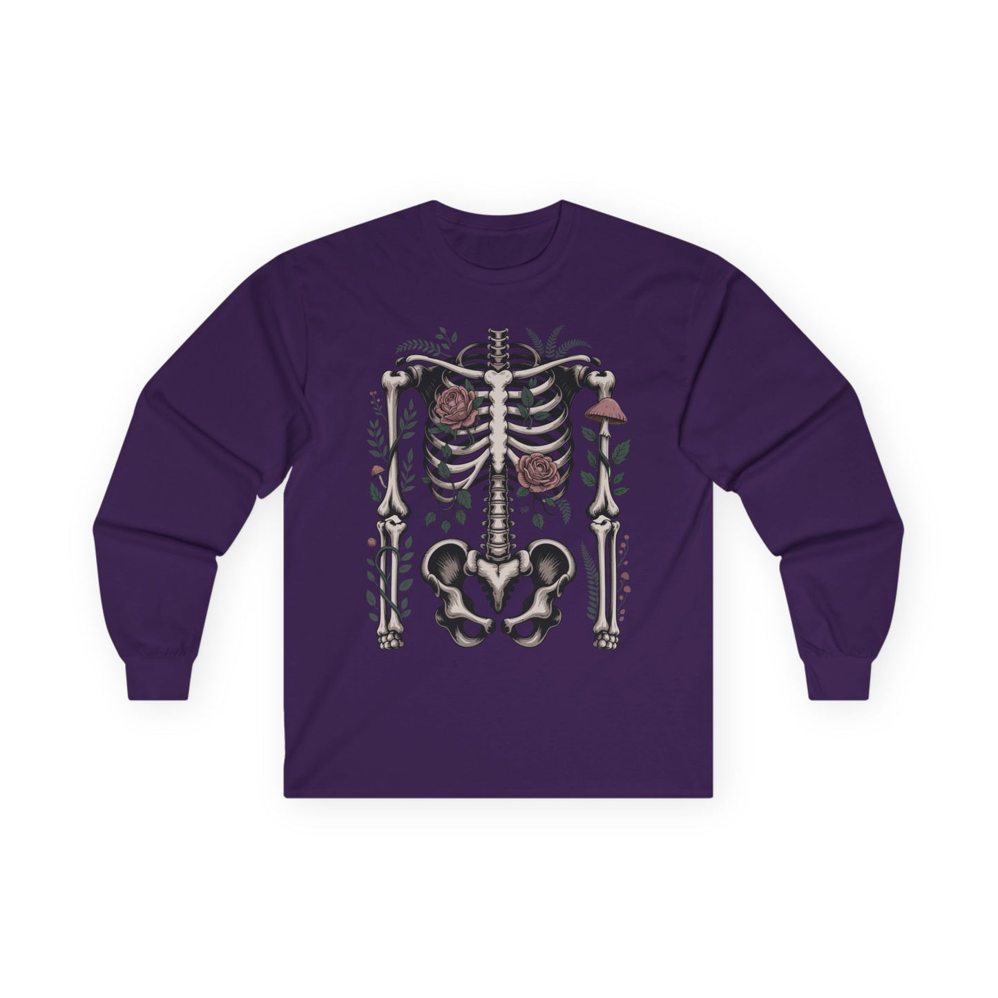 TEEZOCA unisex long-sleeve t-shirt featuring skeleton and roses design Purple long-sleeve shirt with a skeleton design on a white background