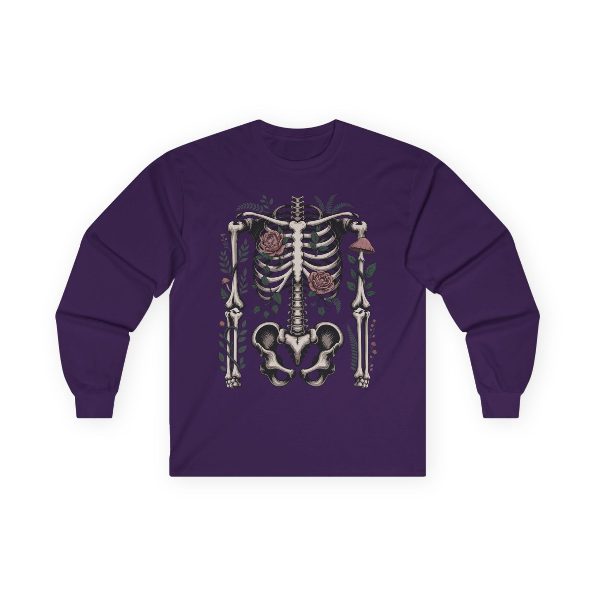 TEEZOCA unisex long-sleeve t-shirt featuring skeleton and roses design Purple long-sleeve shirt with a skeleton design on a white background