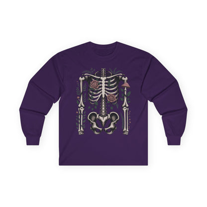 TEEZOCA unisex long-sleeve t-shirt featuring skeleton and roses design Purple long-sleeve shirt with a skeleton design on a white background