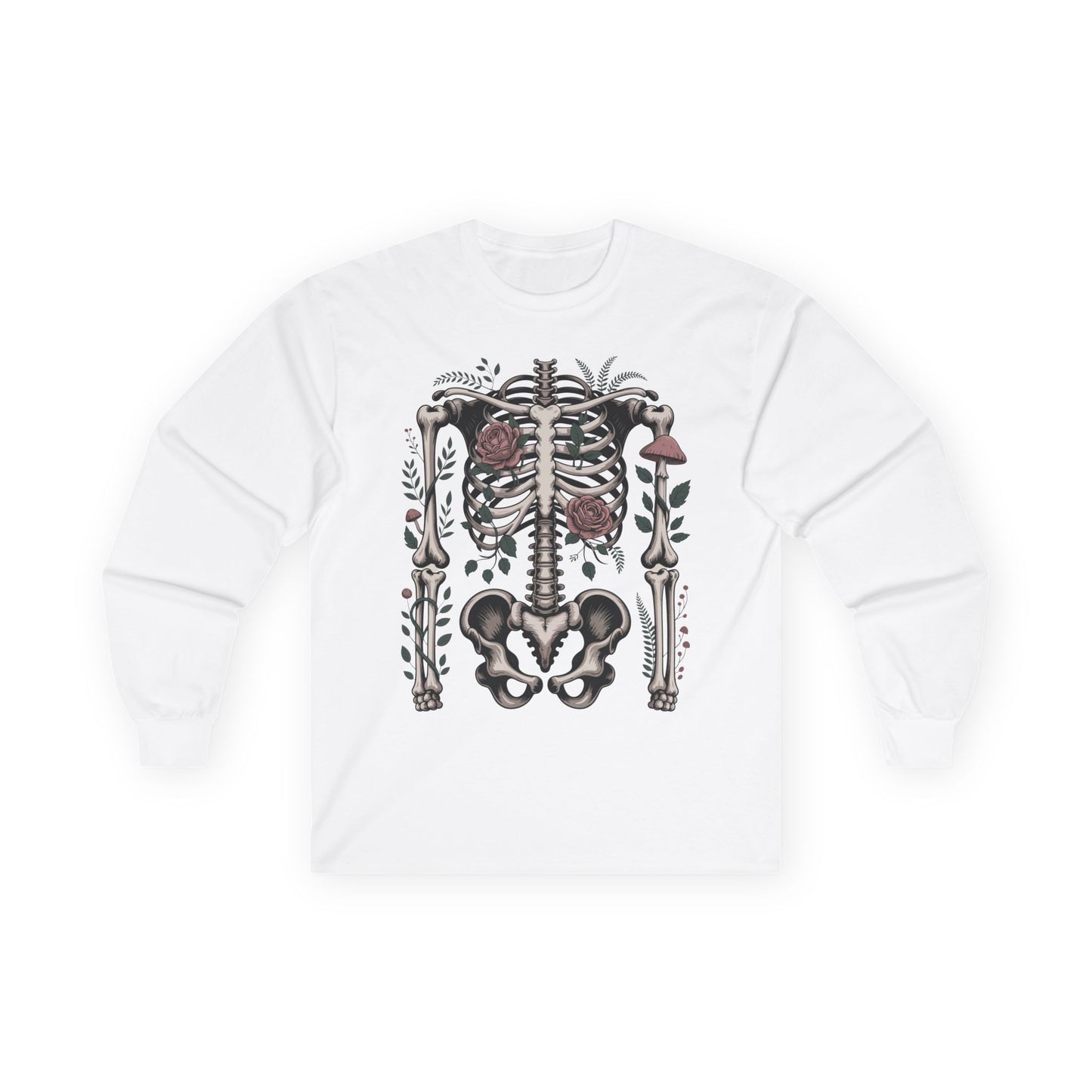 TEEZOCA unisex long-sleeve t-shirt featuring skeleton and roses design White sweatshirt with a skeleton design on a white background