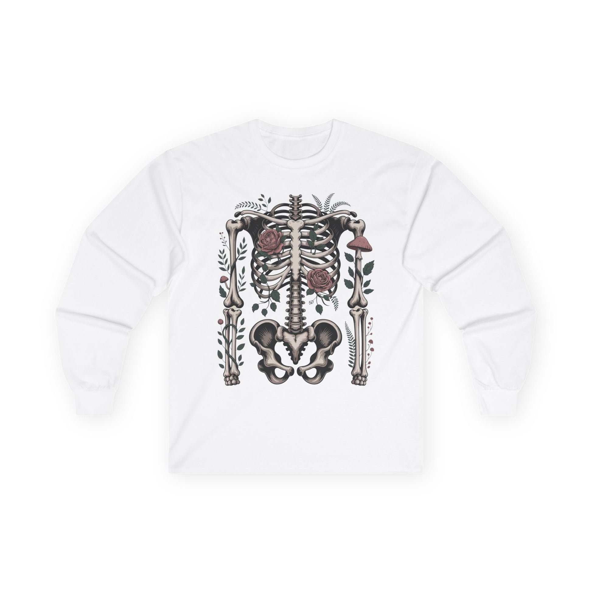 TEEZOCA unisex long-sleeve t-shirt featuring skeleton and roses design White sweatshirt with a skeleton design on a white background