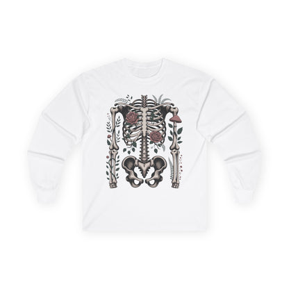 TEEZOCA unisex long-sleeve t-shirt featuring skeleton and roses design White sweatshirt with a skeleton design on a white background