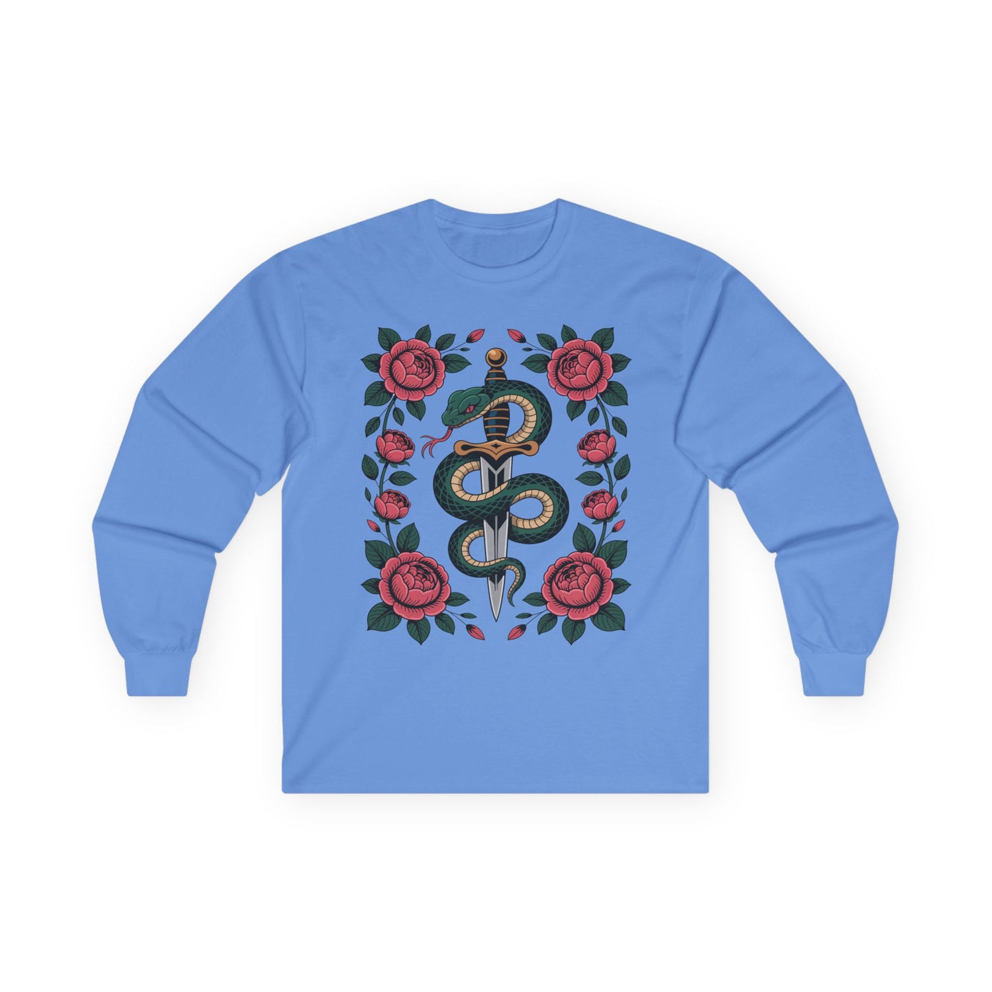 TEEZOCA unisex long-sleeve t-shirt featuring snake and dagger floral design Blue long-sleeve shirt with snake and rose design on a white background