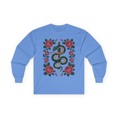 TEEZOCA unisex long-sleeve t-shirt featuring snake and dagger floral design Blue long-sleeve shirt with snake and rose design on a white background