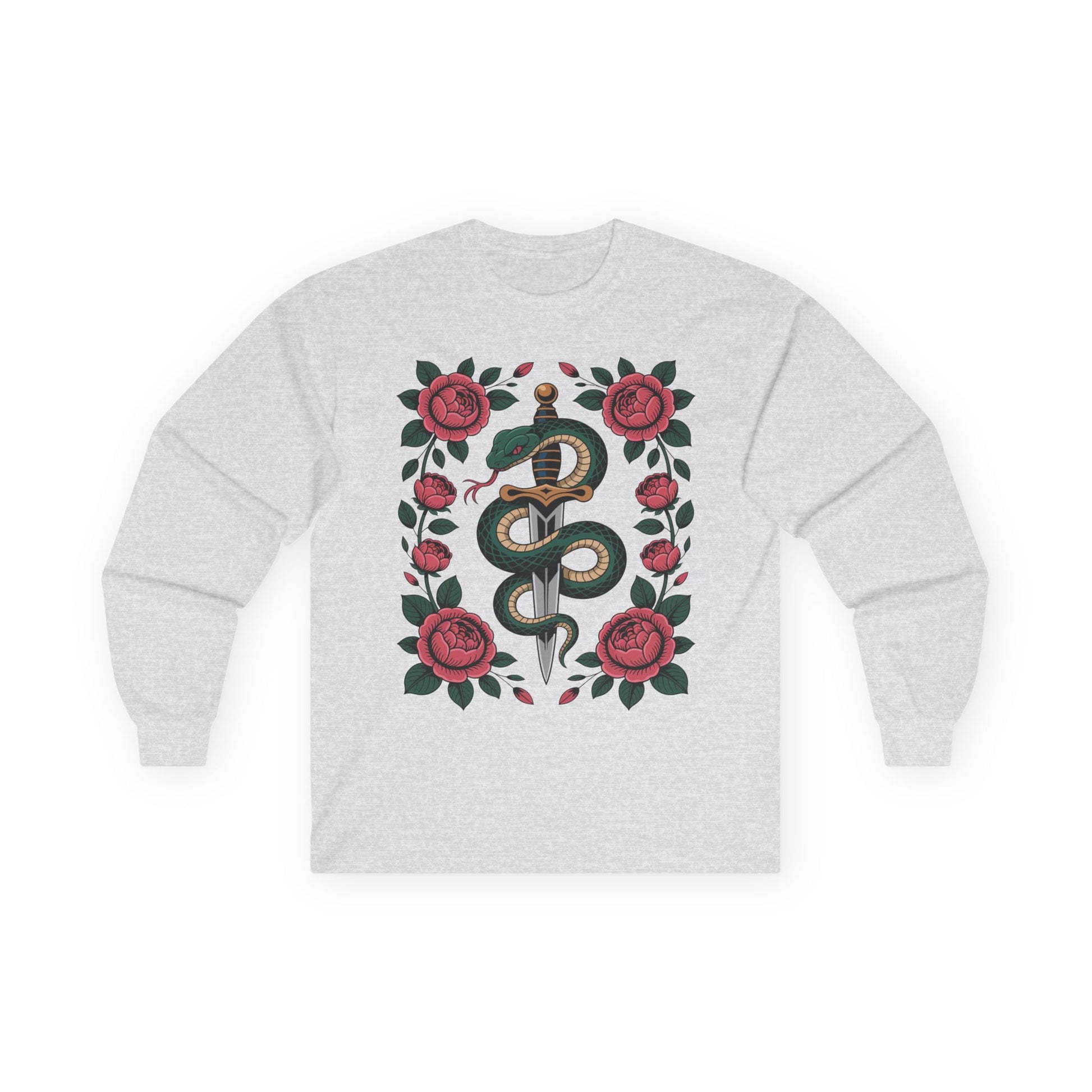 TEEZOCA unisex long-sleeve t-shirt featuring snake and dagger floral design Gray sweatshirt with snake and rose design on a white background