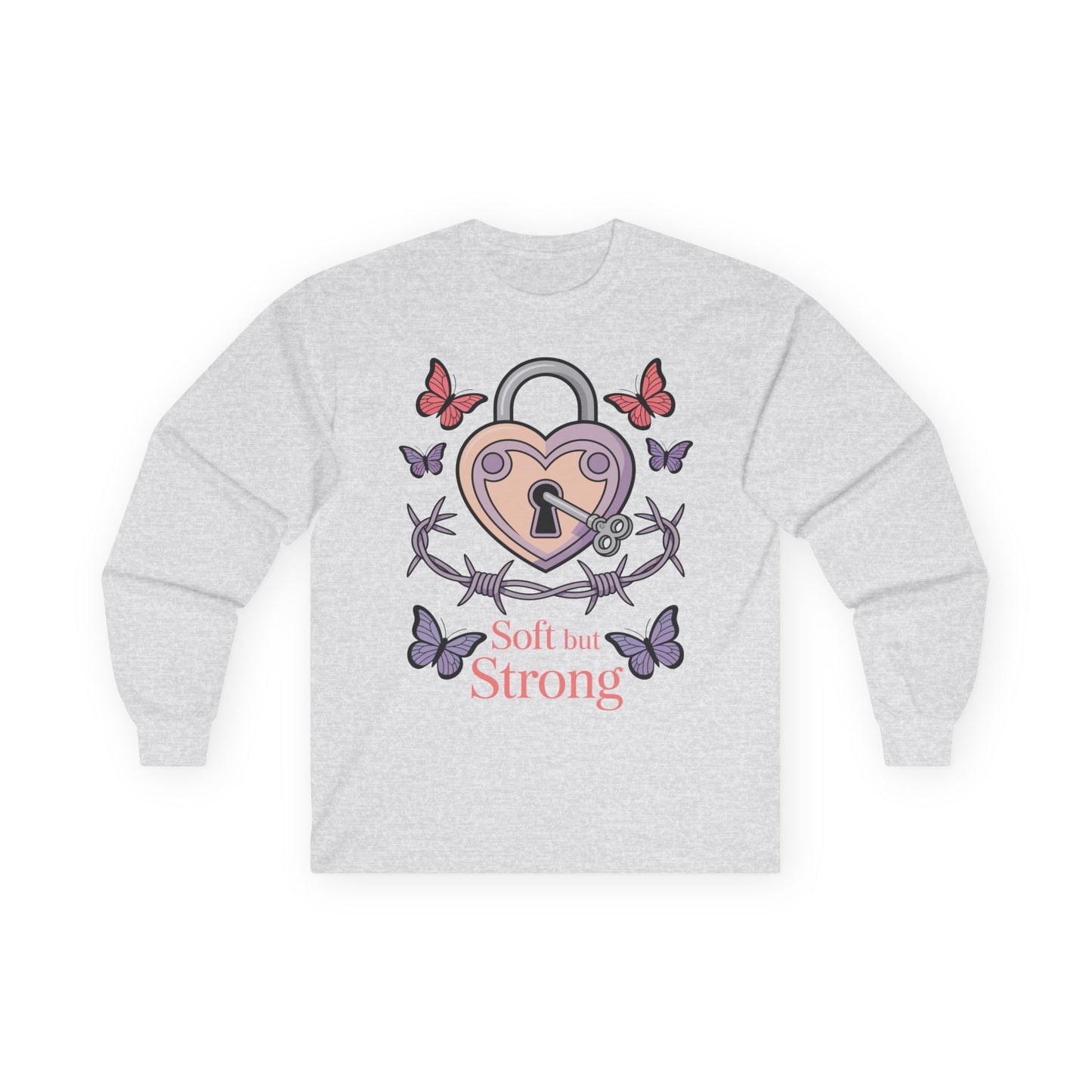 TEEZOCA unisex long-sleeve t-shirt featuring soft but strong lock and key art Gray sweatshirt with a heart lock design and 'Soft but Strong' text on a white background