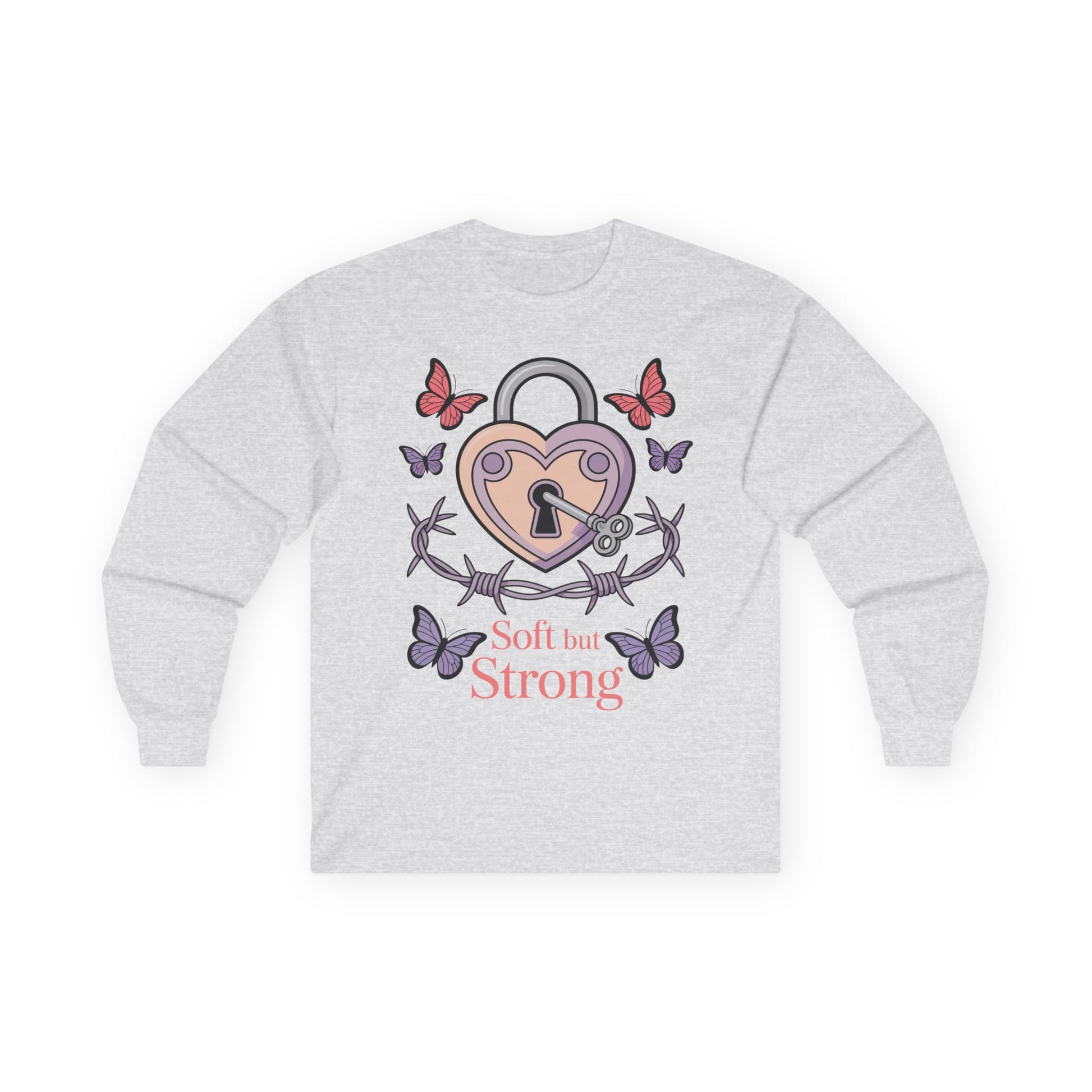 TEEZOCA unisex long-sleeve t-shirt featuring soft but strong lock and key art Gray sweatshirt with a heart lock design and 'Soft but Strong' text on a white background